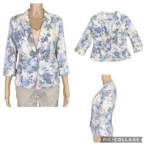 Lucy Paris Womens Tailored Blazer Suit Jacket Pastel Floral Print Blue Medium